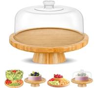 Alzata per torte in bambù con cupola multifunzione 6 in 1, vassoio da portata (30 cm), supporto rotondo per verdure e insalatiera, espositore decorativo per torte con coperchio