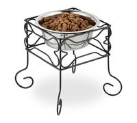 Relaxdays Ciotola Rialzata per Cani, Alzatina con Scodella, 1,5 L, Ferro e Acciaio Inox, 26 x 26 x 26 cm, Nero Argento