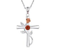 AM ANNIS MUNN Collana con croce da donna, in argento Sterling 925, con pietra portafortuna con rosa, gioiello da donna, regalo di compleanno per moglie e donna, Argento sterling, Zirconie sintetico