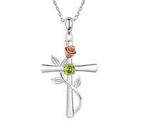 AM ANNIS MUNN Collana con croce da donna, in argento Sterling 925, con pietra portafortuna con rosa, gioiello da donna, regalo di compleanno per moglie e donna, Argento sterling, Zirconie sintetico