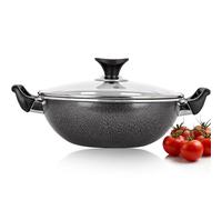 AM Home and Kitchen - Wok a induzione antiaderente da 30 cm con coperchio in vetro | Padella, pentola, padella per paella, pentola per brodo, padella per padella e piastra profonda, con sfiato per