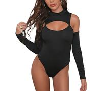 AMABILEMIA Body sexy donna a maniche lunghe nero bodysuit elegante a collo alto con spalle scoperte top aderente scollato elasticizzato AM6421167 (Nero, Taglia XL)