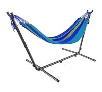 Amaca con Supporto Brasiliana Tessuto Cotone 250 cm Portata 200 kg Autoportante Struttura di sostegno in Acciaio Borsa Custodia Trasporto Inclusa Spiaggia Campeggio Terrazzo Balcone Giardino (Blu)