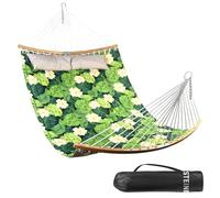 Amaca Doppia, 335 cm, Tessuto Trapuntato, Amaca per 2 Persone per Esterni con Cuscino, Barra Divaricatrice Curva Pieghevole, Catene, Borsa per Il Trasporto, Capacità 204 Kg, Foglie Verdi