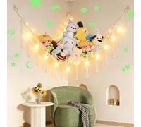 Amaca giocattolo, rete portaoggetti con animali di peluche, amache per orsacchiotti, con luce a LED e adesivi da parete a forma di stella, stile bohémien, per la cameretta dei bambini (bianco sporco)