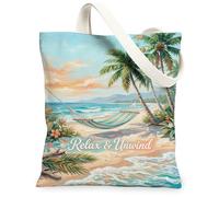Amaca in tela da donna, tropicale, rilassata, con palme, oceano, estate, turchese, lavabile, riutilizzabile, borsa tote per mercato, idea per viaggi, attività all'aperto, giornata lavorativa, lettura