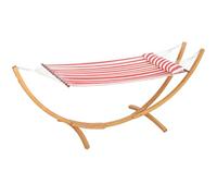 Amaca Outsunny a 1 posto, amaca con supporto in legno, cuscino per la testa, lettino in cotone, per la piscina all'aperto, a strisce rosse e bianche