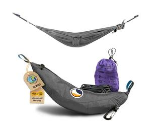 Amaca per bambini da esterni, colore grigio, in nylon di seta da paracadutismo con 160 x 100 cm e solo 315 g, amaca per bambini con mini moschettone e corda, originale Ticket to the Moon dal 1996
