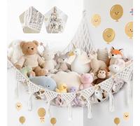 Amaca Porta Peluche in Stile Bohémien - Reticolato Bianco per Animali di Peluche con 500L di Capienza, Mensola Murale per Decorazione Cameretta e Organizzazione Sicura dei Giocattoli