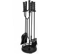 Amagabel 76cm Set di attrezzi per camino Manico in ottone 5 pezzi Supporto per camino in ferro battuto Porta tronchi in legno Pinze per accessori esterni Set di attrezzi per poker Pennello per camino