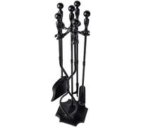 Amagabeli 5 Pezzi Set di Strumenti per Camino Manico Nero Set di Attrezzi per Fuoco Grande in Ferro battuto e Supporto Set di Accessori per Fuoco da Esterno Set di Accessori in Legno