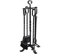 Amagabeli - Set di 5 attrezzi per camino, in ferro battuto, per interni, 66 cm, grande, per stufe a legna, pinze per legna da ardere, con manici, stile moderno, nero