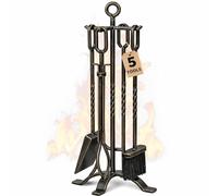 Amagabeli Set di 5 Attrezzi per Camino Set da Camino in Ferro battuto con pinze da Poker Porta Scopa e Pala Utensili da Fuoco Accessorio Rustico da Esterno Oro Nero