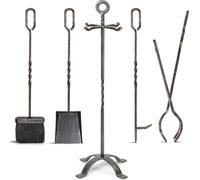 Amagabeli Set di 5 Attrezzi per Camino Set da Camino in Ferro battuto con pinze da Poker Porta Scopa e Pala Utensili da Fuoco Accessorio Rustico da Esterno Oro Nero