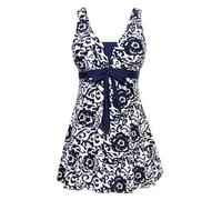 AMAGGIGO Costume da bagno intero da donna a pois con gonna per il controllo della pancia, 1 blu scuro., 48