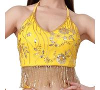 Amagogo Top Crop Belly Dance con Frange E Paillettes Regolabile con Coppa Integrata Tessuto Leggero Traspirante Adatto per Donna Esibizione Spettacolo Party, Giallo