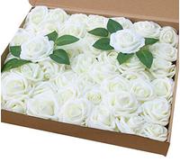 Amajoy, 50 rose artificiali color avorio, realistiche al tatto, con 6 foglie artificiali, per bouquet fai da te, matrimoni, feste, baby shower, decorazione per la casa