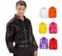 Amakando Camicia a Balze Schlagerstar Anni '70 XL 54 Nero da Discoteca in Raso Camicia da Uomo, Accessorio per Feste Saturday Night Fever
