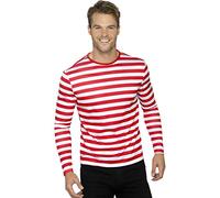 Amakando Maglietta a Righe da Uomo - L (IT 54/56) | Maglietta a Maniche Lunghe a Righe Bianco-Rosso | Shirt da Pagliaccio | Camicia Rigata