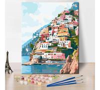 Amalfi Paesaggio Dipingere con i numeri, set per adulti moderni, fai da te, Italia, città costiera, pittura artistica, 16 x 20 pollici, pittura con i numeri, per uomini e donne, per la casa