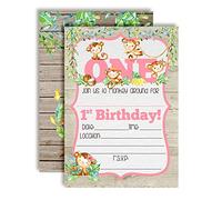 AmandaCreation - Biglietti da riempire per il primo compleanno con scritta "Our Little Monkey", con venti buste bianche