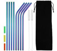 AMANDELIZABE 8 cannucce colorate in acciaio inox, riutilizzabili, con 2 spazzole per la pulizia, 3 boccali in silicone e 1 sacchetto nero per latte, succhi di frutta, frullato