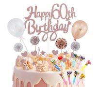 AMANDELIZABE Decorazione per torta per 60° compleanno, donna, Happy Birthday 60, oro rosa, con 10 pipe