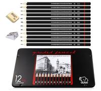 AMANDELIZABE Set di 12 matite da scrivere, con 1 gomma e 1 temperamatite argento, 8B 7B 6B 5B 4B 3B 2B B HB F H 2H