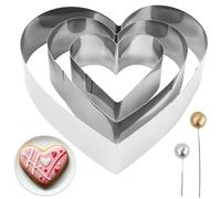 AMANDELIZABE Set di 3 stampi per torte a forma di cuore, in acciaio inox, per torte e biscotti, a forma di cuore, con 3 palline dorate e 3 sfere argentate