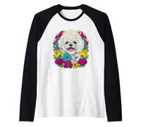 Amante dei Cani Sorridente Bichon Frise Fiori Floreale per Le Donne Maglia con Maniche Raglan