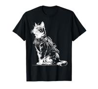 Amante dei Gatti Motivo Animale Samurai Divertente Maglietta