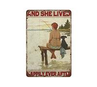Amante della pesca, pesca con il cane e lei visse per sempre felice e contenta, vita all'aria aperta, cartello vintage in latta, cartello in metallo, decorazione da parete retrò per casa, bar, uffici