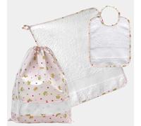 AMANTE NSF - Set Asilo 3 Pezzi, Sacchetto, Salvietta e Bavaglia con Tela Aida, Motivo Floreale Rosa