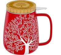 amapodo Tazza da tè con coperchio e colino - Tazza da tè in porcellana grande 600ml - Tazza Jumbo - Set di tazze XXL Rosso - senza plastica