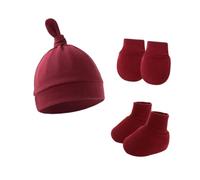 AMateschitz Set di cappelli per neonati, guanti e calze, unisex, per bambini, da 0 a 6 mesi, Nodo bordeaux, Taglia unica