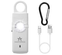 AMATHINGS Allarme tascabile da donna in bianco - Sirena da 130 dB a LED, ricaricabile tramite USB-C, portachiavi con luce stroboscopica e indicatore di stato della batteria per una maggiore sicurezza,