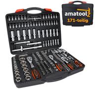Amatoolz Valigetta a cricchetto, 171 pezzi, cassetta degli attrezzi riempita, set grande, cassetta a cricchetto da 1/2", 1/4", 3/8", con tutte le punte e i dadi comuni inclusi