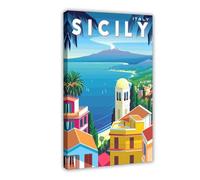 AMATWI Poster su tela, stile retrò, motivo: viaggio in Sicilia, decorazione artistica da parete per soggiorno e camera da letto, con cornice, 30 x 45 cm