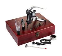 AMAVEL Set 10 Accessori per Vino da Sommelier, Confezione Design in Legno, Kit Degustazione Professionale per Aperitivo, Apribottiglie a Leva, Salvagoccia, Termometro, Regalo Uomo o Donna