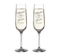 AMAVEL Set 2 Calici con Incisione Personalizzata con Nomi e Data, Motivo Cuori, Bicchieri in Vetro per Sposi, Flute da Spumante, Idee Regalo Matrimonio o Anniversario per Coppie