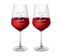 AMAVEL Set 2 Calici da Vino Rosso con Incisione, Bicchieri Personalizzati con Nomi e Data, Fedi Nuziali, Calici in Vetro per Sposi, Idee Regalo Matrimonio e Anniversario