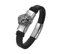 Amaxer Bracciale in pelle per gli amanti degli animali, da uomo, in acciaio inox, vichingo, leone, aquila, gufo, leopardo, punk, in pelle intrecciata, bracciale punk, Misura unica, Acciaio