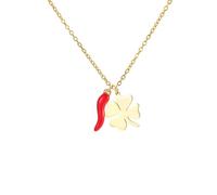 Amaxer Collane da donna con corno italiano a quadrifoglio, per San Patrizio, peperoncino rosso, cornicello, amuleto portafortuna, L50, Acciaio inossidabile, Nessuna pietra preziosa