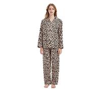 Amaxer Damen Zweiteiliger Schlafanzug 100% Baumwolle Flanell Pyjama Set Langarm Nachtwäsche Hausanzug Sleepwear und Pyjamahose, braunes Muster M