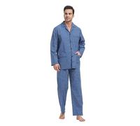 Amaxer Pigiama da Uomo in Due Pezzi in Cotone da Notte a Maniche Lunghe con Tasche con Coulisse,Una Piccola griglia Blu e Bianca,S