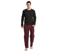 Amaxer Pigiama Uomo Cotone Lungo di Flanella Set da Notte Top a Manica Lunga con Tasche Pantaloni con Coulisse, Scozzesi Rossi e Neri 01 M