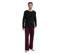 Amaxer Pigiama Uomo Cotone Lungo di Flanella Set da Notte Top a Manica Lunga con Tasche Pantaloni con Coulisse, Scozzesi Rossi e Blu M