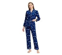 Amaxer Set Pigiama Caldo da Donna in Flanella 100% Cotone Set Pigiama Autunno e Inverno-Blu Intenso con Stelle e Luna-M