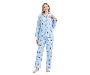 Amaxer Set Pigiama Caldo da Donna in Flanella 100% Cotone Set Pigiama Autunno e Inverno, Fiori Blu nei Toni del Blu，L