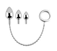 AMAZBEE Set di plug anali in metallo 3 in 1 con catena per sonda uretrale - Plug anali in acciaio inossidabile in 3 misure con plug per pene con perline e anello fallico (Smooth,1)